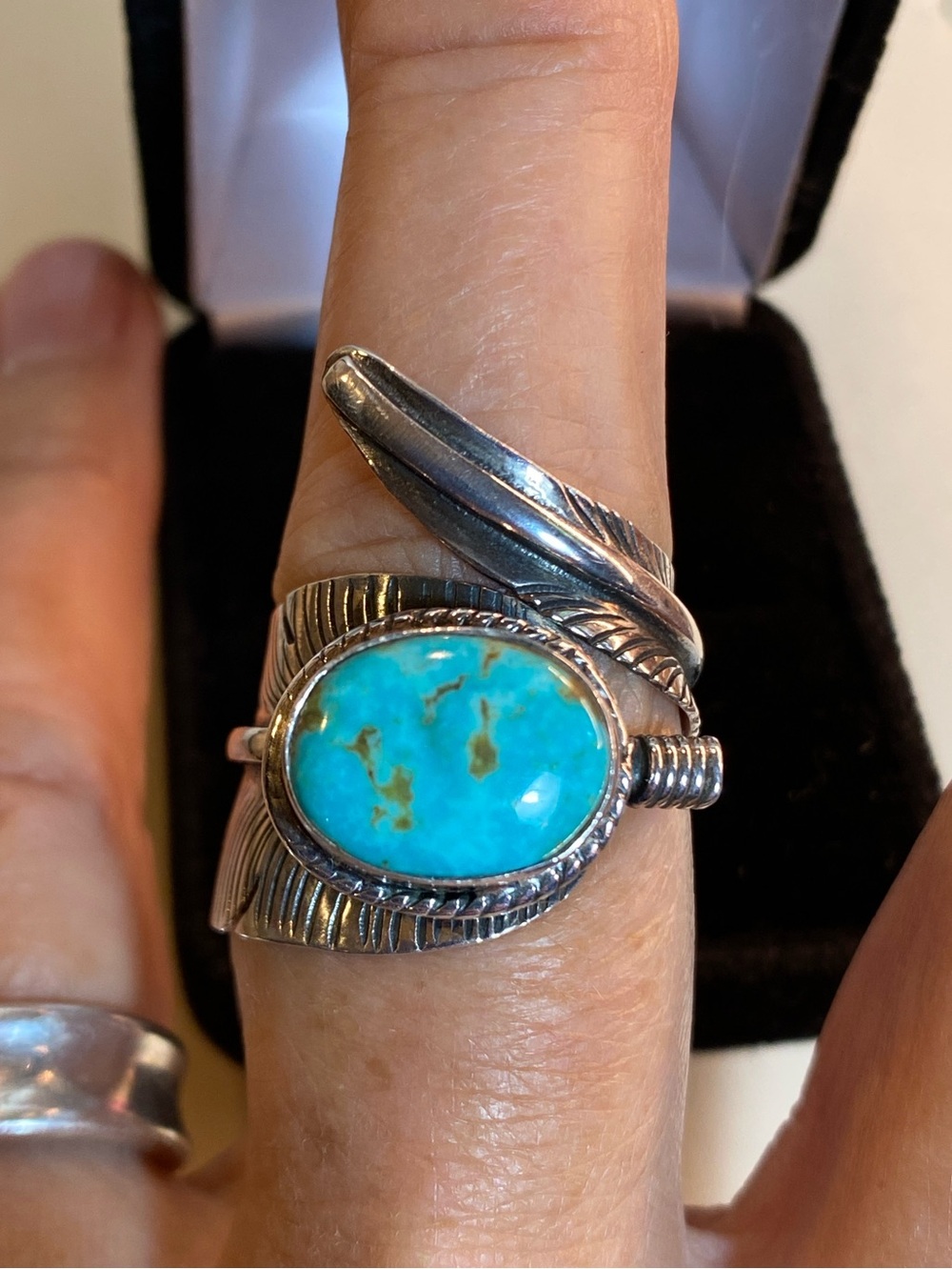 Native American Sterling Silver Turquoise Feather Ring Adjustable Size 9-10